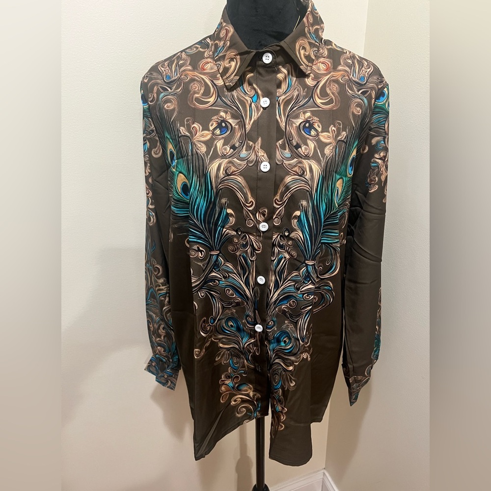 Peacock Feather Print Button Down Blouse Women’s Large Statement Top NWOT L